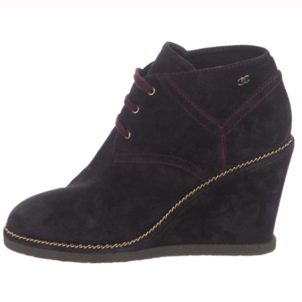 CHANEL Wedge Suede Burgundy Wedge Boots - Picture 2 of 16